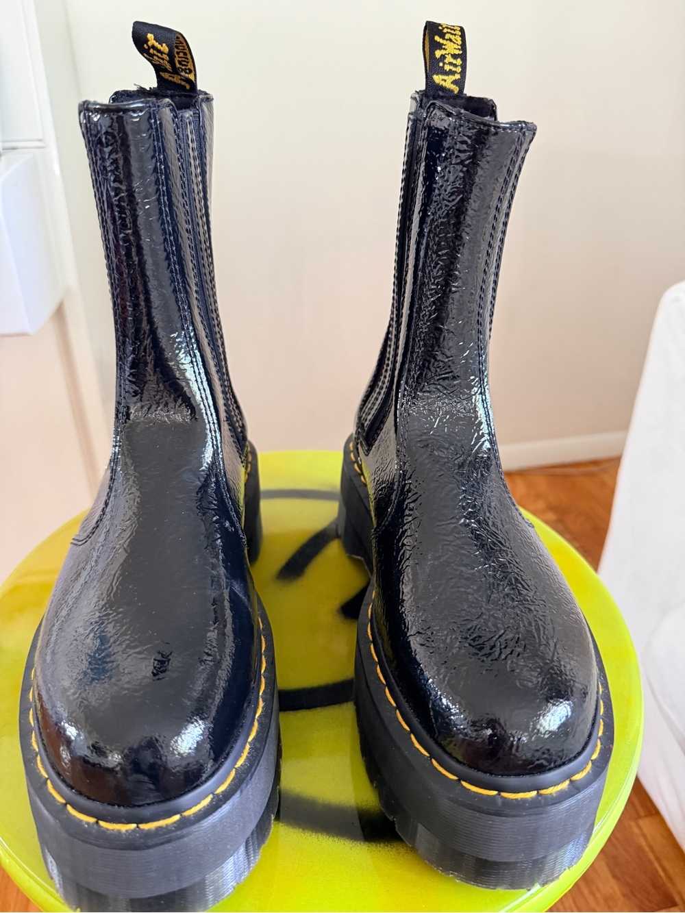 Dr. Martens Black Patent Leather Platform Chelsea Boots with Yellow Stitching